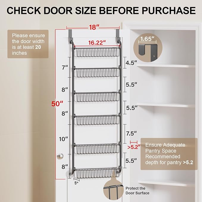 Delamu Over the Door Pantry Organizer, 6-Tier Metal Pantry Door Organization and Storage, Hanging Kitchen Basket Spice Rack Seasoning Shelves, Cabinet Door Organizer for Easy Install,D5xW18xH50inch - Image 2