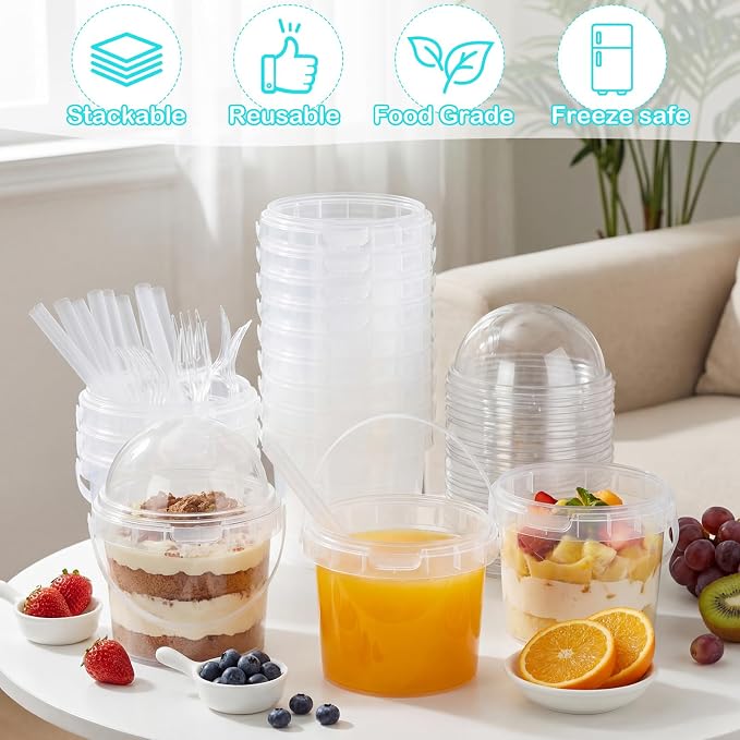 50 Pcs Bucket Cups Bulk Reusable Plastic Drink Buckets with Lids Dome Forks and Straws 24 oz Ice Cream Freezer Food Storage Containers for Popcorn Pail Outdoor Travel Beverage Party Picnic - Image 4