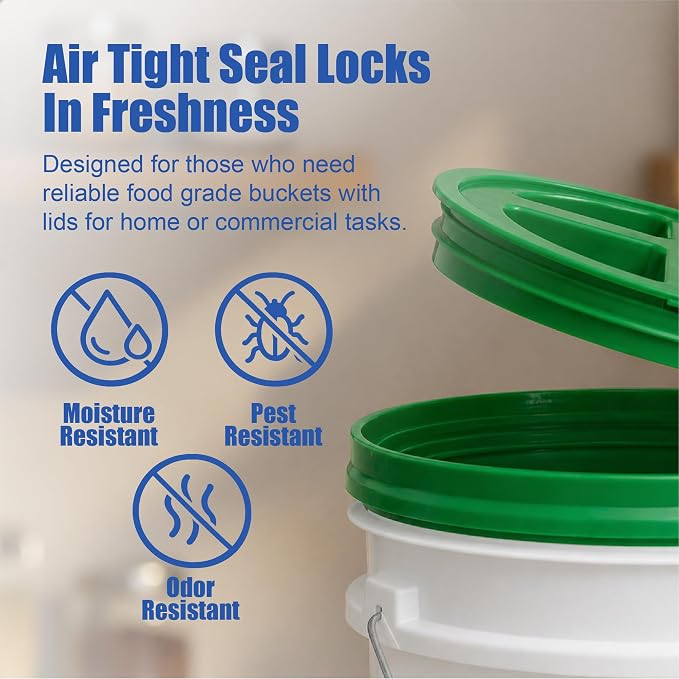5 Gallon Bucket - Food Grade w/Lid BPA-Free, White/Green, 3 | Airtight Gamma Seal Screw-On Lid, Heavy-Duty 90 Mil HDPE Plastic, Food Safe and Durable Container, Bulk Storage, Made in USA - Image 5