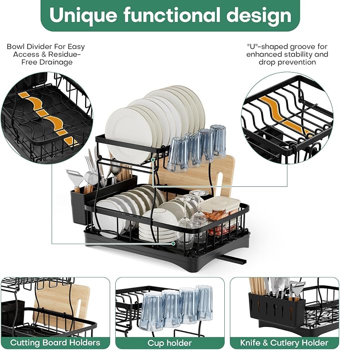 2 Tier Dish Rack, Carbon Steel Dish Drying Rack for Kitchen Organization & Storage, Countertop / Sink Dish Rack with Automatic Drain Tray, Large Capacity Black Dish Rack - Essential Home Kitchen Item - Image 4