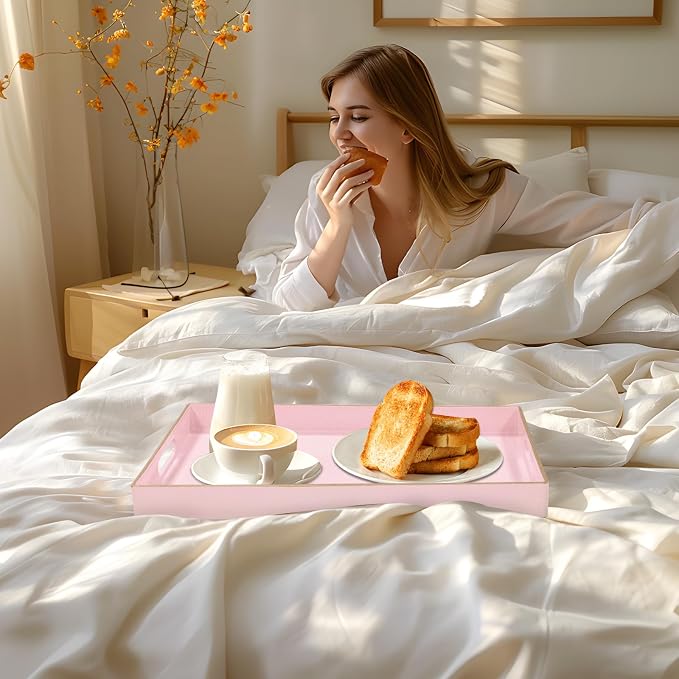 Pink Decorative Tray for Coffee Table, Serving Tray with Handles | Plastic Melamine Tray, Modern Ottoman Tray, Rectangular Countertop Organizer Tray for Living Room, 15.8"L x 10.2"W x 1.4"H - Image 6
