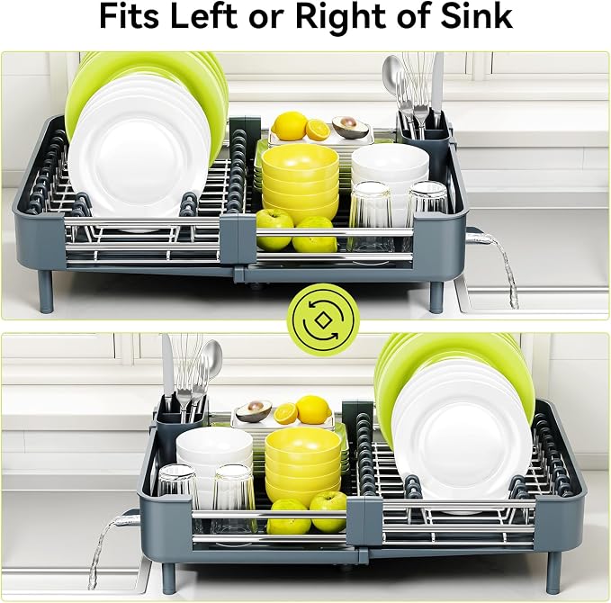Urackify Extendable Stainless Dish Drying Rack for Kitchen Counter | 13.78"W x 18.7"L, Foldable Drainboard for Space Saving, Knife and Utensil Holder, Fast-draining Spout, Dark Slate Teal - Image 6