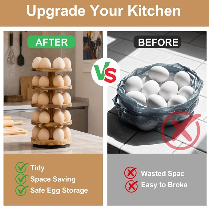 Wooden Egg Holder Countertop, Rotating Countertop Egg Holder | 5 layer countertop egg holder for fresh eggs, stackable with 30 eggs for countertop kitchen, pine - Image 4