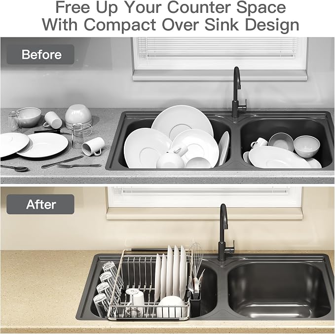 Dish Drying Rack Over The Sink with Utensil Holder, Mat | Expandable Stainless Steel Dish Drainer for Small Kitchen, Apartment, RV, Counter Space Saving, Perfect Fit, Rustproof - Image 2