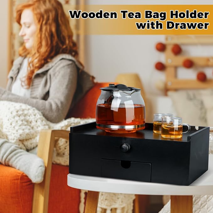 Cinnvoice Tea Bag Organizer Wood Tea Organizer Storage Box 8 Compartments Container Holder with Lid to Storage and Keep Fresh(Black) - Image 5
