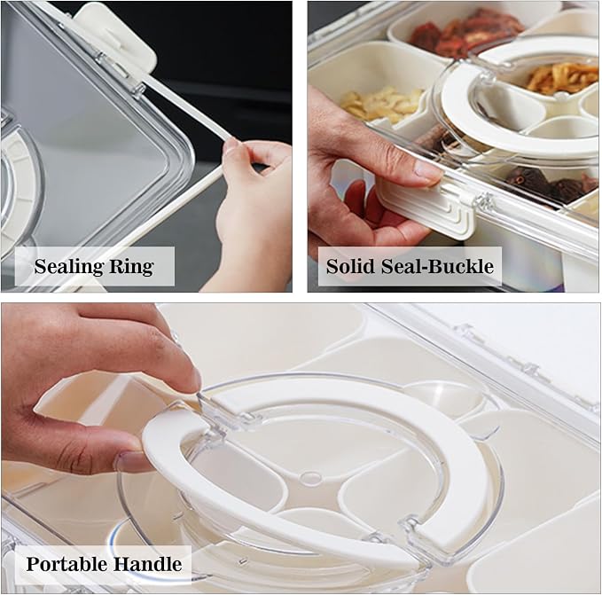 Divided Snackle Box with Handle Food Serving Tray Charcuterie Board with Lid Stackable Fruit&Veggie Container with 8 Small with Removable Boxes for Travel Snack Candy Nuts Spice - Image 6