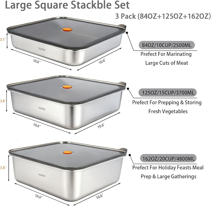 YUPER Stainless Steel Food Storage Containers, 3 Pack (84+125+162OZ) | Large Meal Prep Containers Set with Lids, BPA Free, Leak Proof & Airtight, Microwave, Dishwasher, Fridge, Freezer & Oven Safe - Image 2