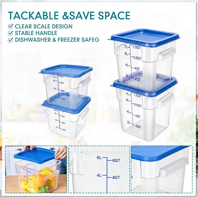 Lallisa 4 Pcs 8qt & 4qt Clear Food Storage Containers with Lids Handles and Scales, Stackable Plastic Square Food Storage Containers for Dough Proofing Baking Kitchen Restaurant(Blue) - Image 3