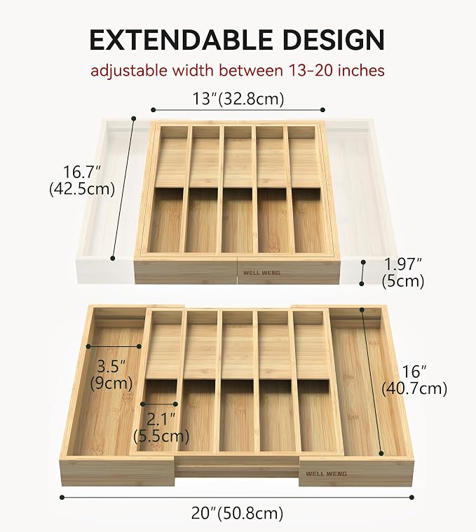 Expandable Silverware Drawer Organizer for Utensil,Bamboo 12 Slot | 13"-20"W x16.7"D x 1.97“H, Vertical Storage,Kitchen Cutlery Tray Dividers for Spoons Forks Knives - Image 2