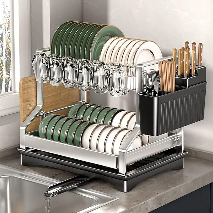 Fandian Dish Drying Rack 2 Tier Dish Racks for Kitchen Counter and Sink, Large Dish Drying Rack with Drainboard & Utensil Holders Stainless Steel Dish Drainers Kitchen Organization and Storage by Fandian