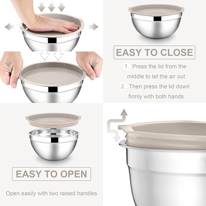 E-far Mixing Bowls with Lids Set, 7-Piece Stainless Steel Metal Mixing Bowls with Grater Attachments, Size 4.6, 3.5, 2.6, 2, 1.5, 1, 0.7QT, Nesting Design & Khaki Airtight Lids, For Cooking/Serving - Image 5