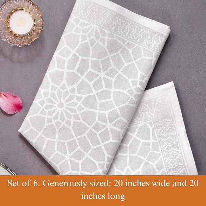 100% White Cotton Dinner Napkins, Set of 6, Hand Printed Royal Mansour Design, Fair Trade, Washable Cloth Napkins for Parties & Cocktails 20x20 in - Image 3