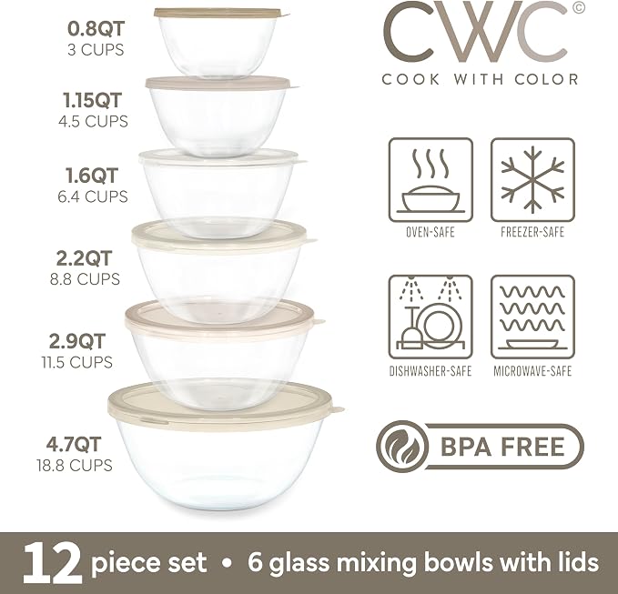 COOK WITH COLOR 12 Pc Glass Mixing Bowl Set with Lids – Borosilicate Glass Nesting Bowls for Cooking, Baking and Meal Prep, Brown - Image 2
