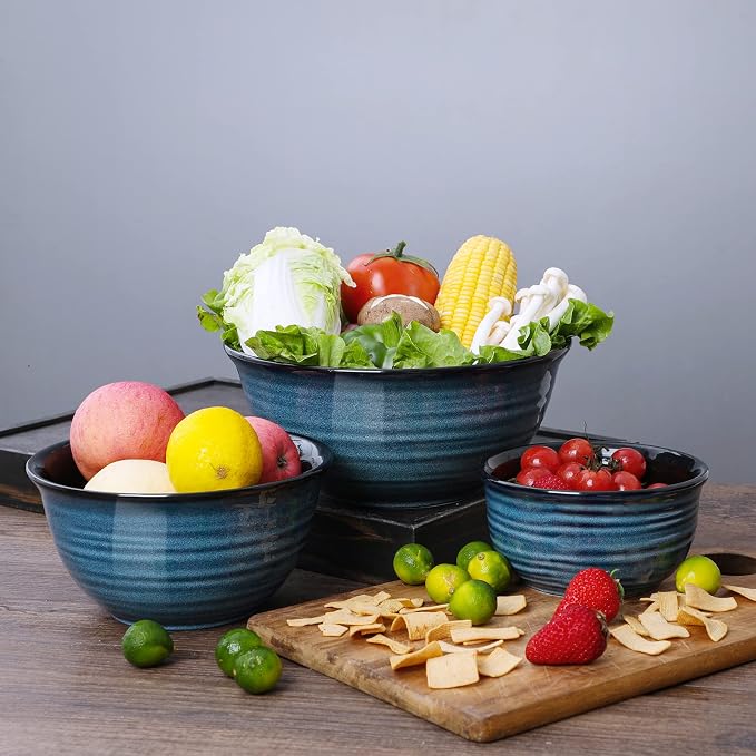 HASENSE Ceramic Mixing Bowls Set for Kitchen, Handmade Serving Dishes for Entertaining, 2.1/1.0/0.5 Qt Deep Microwave Safe Nesting Bowls for Storage and Baking, Blue - Image 9