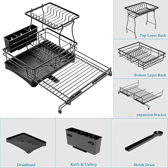 2 Tier Dish Drying Rack, Large Extendable Dish Racks for Kitchen Counter , Dishrack with Drainboard, 2-in-1 Anti-Rust Stainless Steel Dish Drainer with Utensil Holder (Black, double of Dish Rack) - Image 9