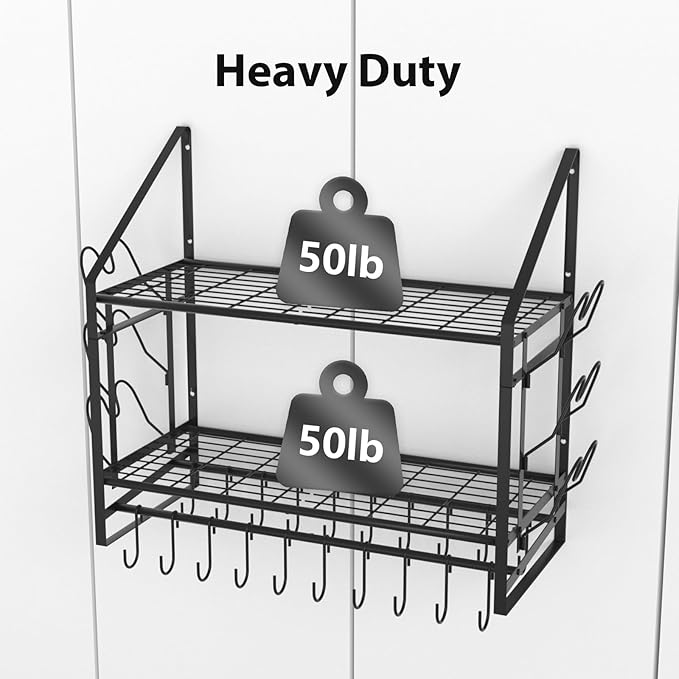 VyGrow 28 Inch Pot Rack Wall Mounted, 2 Tier Pots and Pans Organizer with 20 Hooks and 6 Pot Lid Holders, Heavy Duty Steel Pot and Pan Hanger for Kitchen Cookware Utensils Storage 34.7" Lx13 Wx26.4 H - Image 4