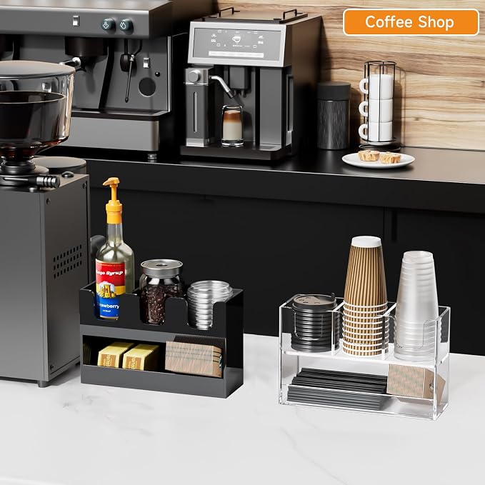 Beego 4-Compartment Cup Holder for Countertop - 2-Tier Black Acrylic Cup Dispenser Coffee Station Paper Cup and Lid Organizer Condiment Storage for Restaurant Breakroom Kitchen Bar Accessories - Image 5