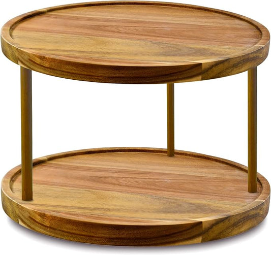 12" Two-Tier Acacia Wood Lazy Susan Organizer Kitchen Turntable for Cabinet Pantry Table Organization by AUAM