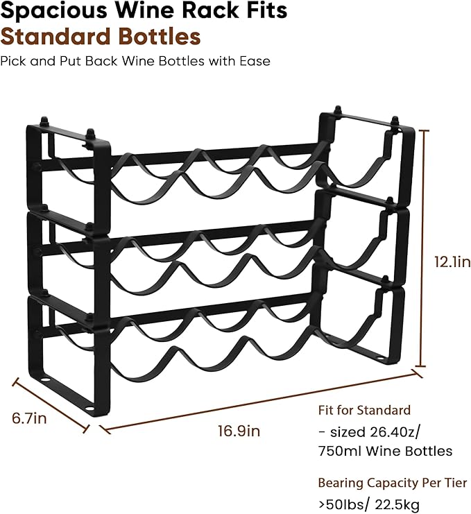 Wine Rack for Countertop – Stackable Freestanding Bottle Organizer for Kitchen, Pantry, Bar Cabinet & Small Spaces – Compact Metal Shelf & Modular Storage Stand (3-Tier) - Image 3
