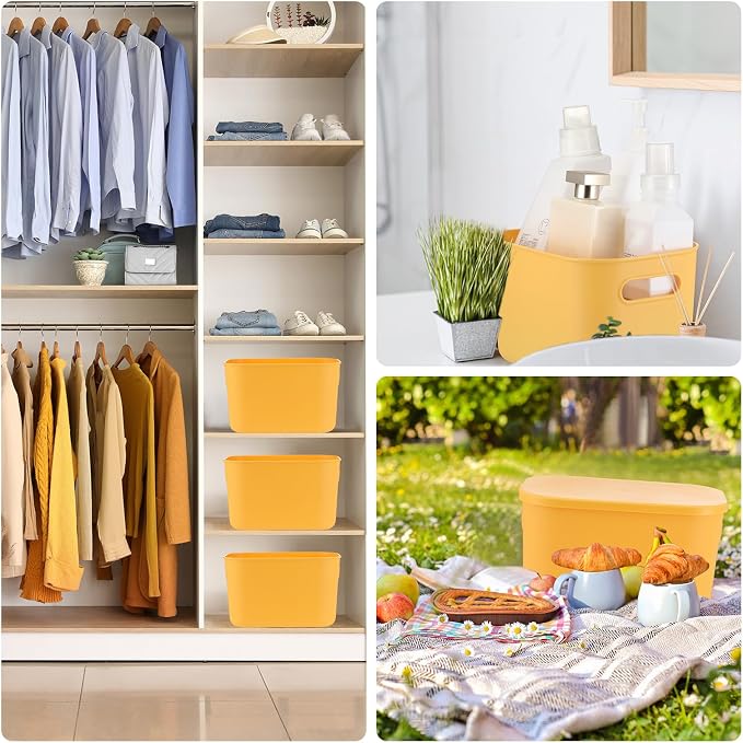 8 Pieces Colorful Storage Bins with Lid, Plastic Storage Basket Organizing Container Stackable Box with Handle for Shelves Desktop Playroom Office(10.2 x 7 x 6.3 Inch,Yellow) - Image 7