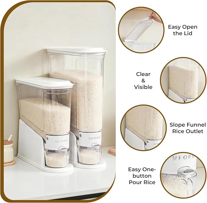 UFORU Slim Rice Dispenser 11 LB,Clear Rice Storage for Small Spaces | White,BPA-Free Sealed Design for Rice, Grain and Cereal,Rice Container Fits Narrow Pantry Shelves and Countertops - Image 5