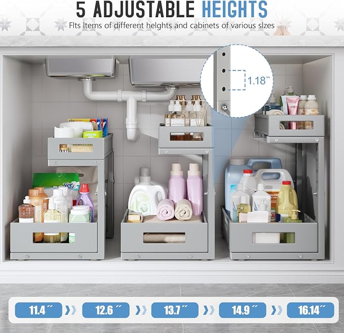 2-Pack Under Sink Storage Organizer, Large 2-Tier Elegant Mesh Pull Out Shelf for Kitchen and Bathroom Cabinet Organization, L-Shaped and Adjustable Height Design-Gun Gray - Image 5