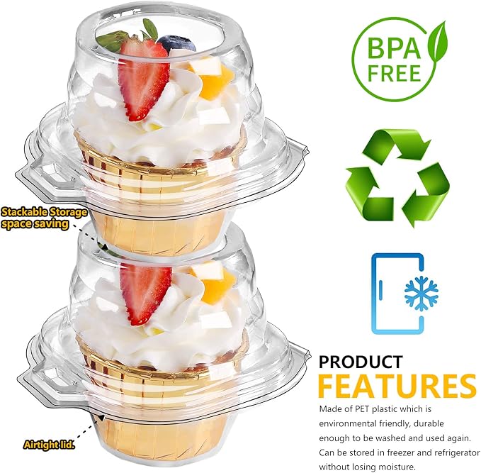 120 Packs Individual Cupcake Containers Stackable Single Compartment Cupcake Disposable Carrier Holder Box Deep Dome Clear Plastic BPAFree (120 counts) - Image 4