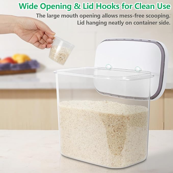 Airtight Rice Container 25 Lbs with Handle and Cup – 12.68Qt Large Flour Sugar Storage Container with Pop Up Seal & Hanging Lid Hooks, Clear Tall Food Storage Bin for Kitchen Pantry Organization - Image 2