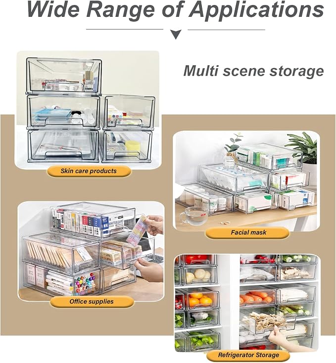 Stackable storage drawers, clear pull-out organizer with handles and non-slip pads for kitchen, refrigerator,office desktop, pantry and shelves, perfect for organization and storage (2 Pack, Large) - Image 3
