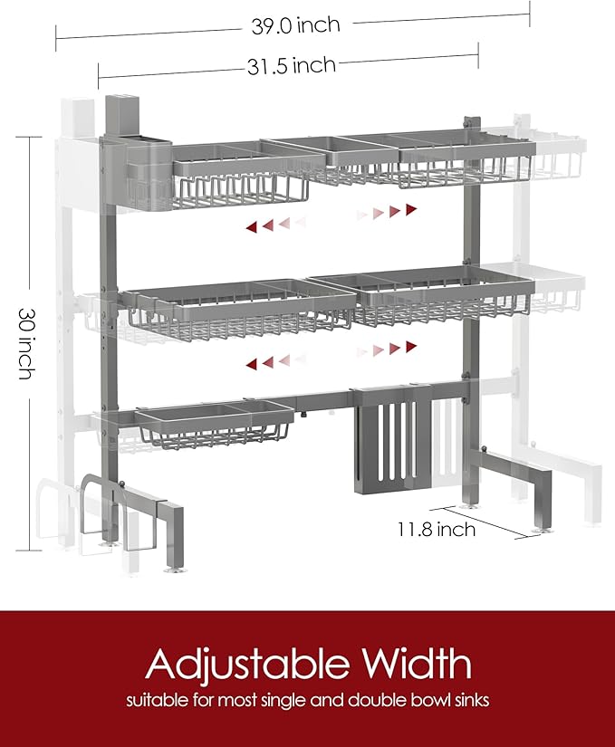 Sakugi Dish Drying Rack Over The Sink, Dish Drainer for Kitchen Counter | Stainless Steel Storage Organizer with Utensil Knife Holder & Hooks, Adjustable 11.8"Dx31.5"~39"Wx30"H, Grey - Image 2