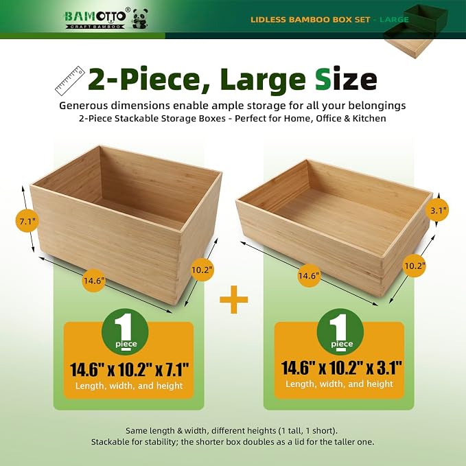 BAMOTTO CRAFTBAMBOO 2-Piece Bamboo Storage Box Set Stackable Organizer | Open-Top Design | Deep Bin Drawer Organizer + Shallow Tray | Kitchen Pantry | 14.6"x10.2"x7.1" + 14.6"x10.2"x3.1" - Image 2