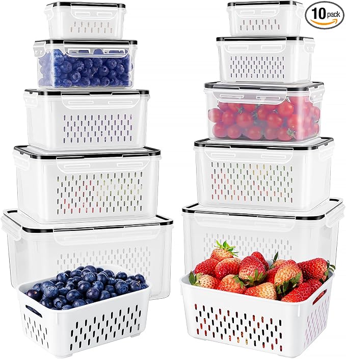 Fruit Storage Containers for Fridge with Removable Colander 10 | Airtight Food Storage Container Dishwasher Safe Produce Saver for Refrigerator Keep Berry Fruit Fresh Longer Large Clear by Freshmage