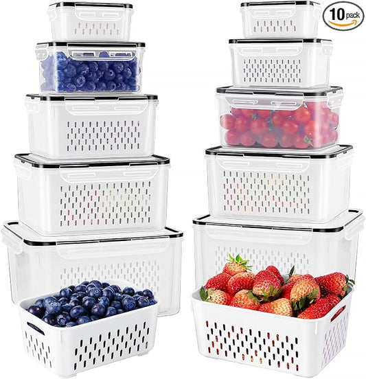 Fruit Storage Containers for Fridge with Removable Colander 10 | Airtight Food Storage Container Dishwasher Safe Produce Saver for Refrigerator Keep Berry Fruit Fresh Longer Large Clear by Freshmage