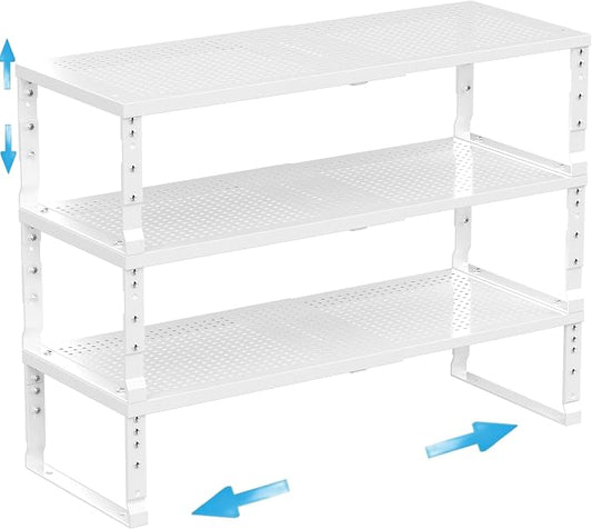 Expandable Spice Rack Kitchen Cabinet Shelf Organizer, Stackable Storage Shelves Racks, Adjustable Counter Shelving for Cabinets, Countertop, Cupboard,Pantry and More(3Packs/White/Large) by Goodqualityproducts