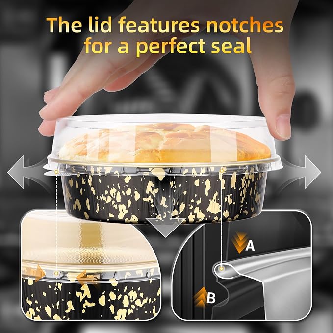 Beasea Mini Pie Pans with Lids, 120 Pack 4 Inch 7.3oz Disposable Cake Pans Aluminum Foil Pie Tart Baking Cups Tins Individual Dessert Containers Oven Dishes for Tart Cheesecake - Black Gold Speckles - Image 4