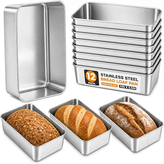 12 Pack Loaf Pans for Baking Bread,9×5In Stainless Steel Loaf Pan | Bread Loaf Tins for Homemade Bread Brownies, Meatloaf, Lasagna Cake, Sturdy, Oven, Dishwasher Safe, Silver by LINSIRON