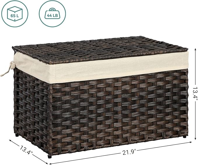 SONGMICS Storage Basket with Lid, Woven Blanket Storage Bin with Handles, Foldable, Removable Liner, Metal Frame, for Bedroom, Laundry Room, 17.2 Gallons (65 L), Brown URST56BR - Image 3