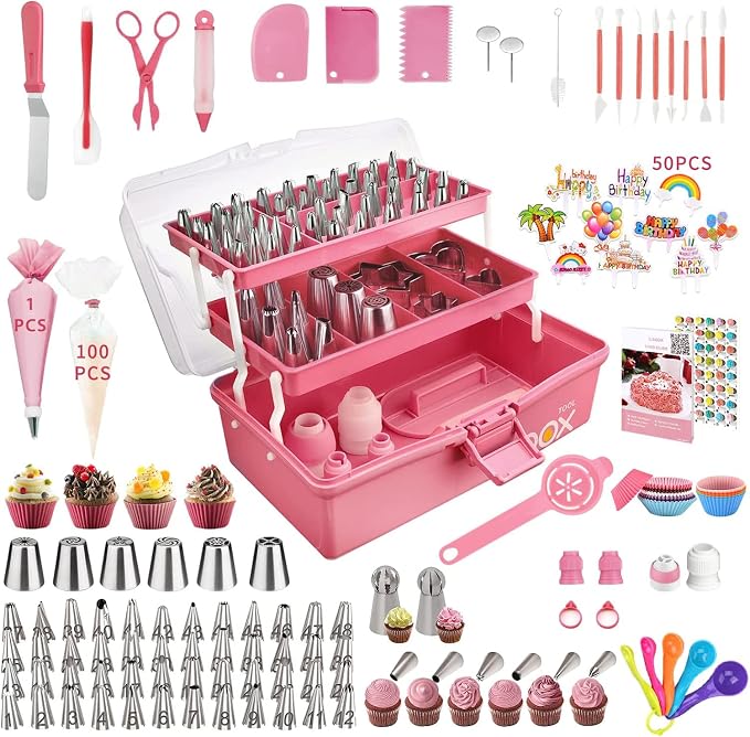 Cake Decorating Supplies Tools Kit: 358pcs Baking Accessories with Storage Case - Piping Bags and Icing Tips Set - Cupcake Cookie Frosting Fondant Bakery Set for Adults Beginners or Professional, Pink by AUKOW
