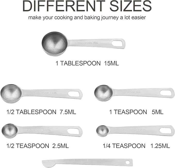 Stainless Steel Measuring Cups and Spoons Set, 18/8(304) Steel Material Heavy Duty 5 Measuring cups and 5 Measuring Spoons 1 Leveler and 2 rings Pack 13pcs Per set - Image 5