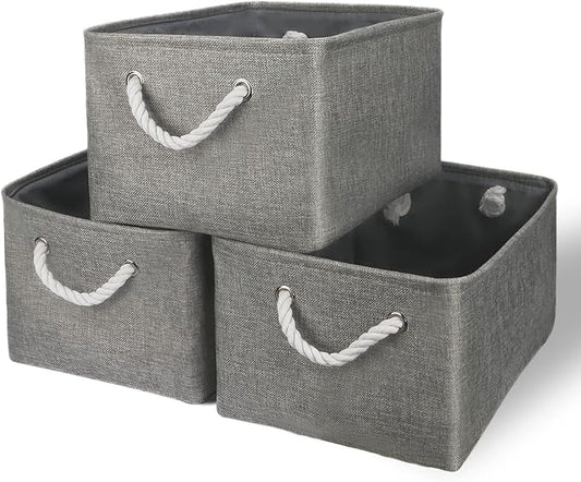 Storage Bins - Medium 3 Pack Storage Baskets for Organizing Shelves | Fabric Storage Cubes Organizer for Linen Closet Nursery Home Decor Grey by TheWarmHome