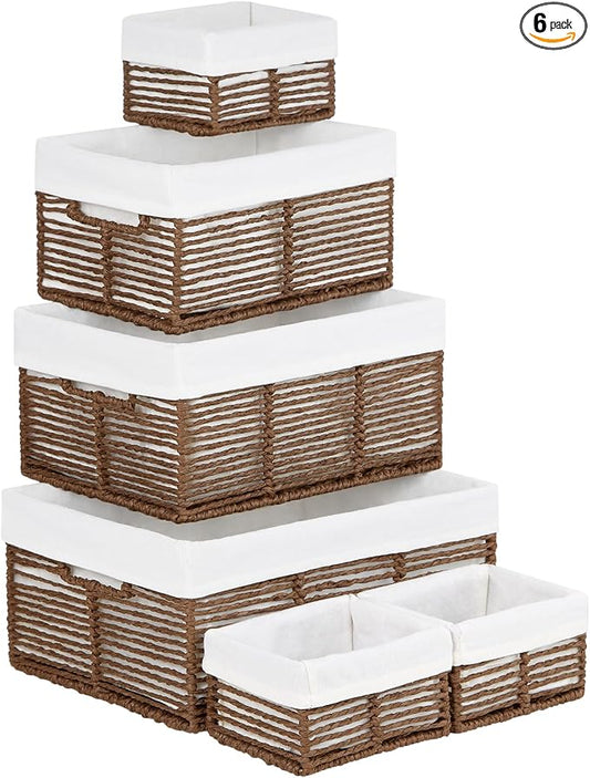 Wicker Storage Basket, 6 Pack Baskets for Organizing, Wicker Baskets with Handle, Rectangular Woven Basket for Storage Shelves, Cube Storage Bins for Closet/Clothes/Dresser, Brown by Vagusicc