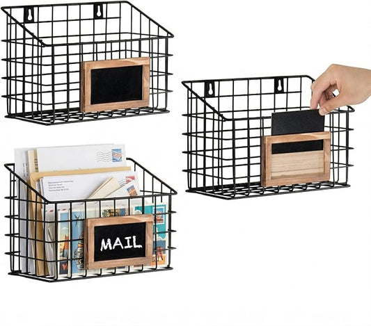 MyGift 10 Inch Wall Mounted Matte Black Metal Wire Storage Baskets with Chalkboard Labels, Small Hanging Organizer Bins for Home Entryway Kitchen Pantry Closet, Set of 3 by MyGiftHome
