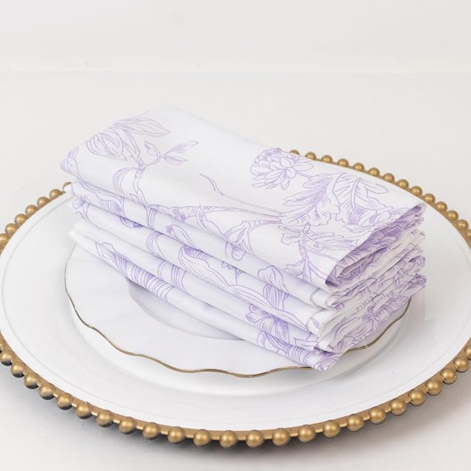 Efavormart Premium 5-Pack French Toile Cloth Napkins – 17"x17" Lavender Lilac and White Reusable Polyester Table Napkins in Floral Design for Events & Dining by efavormart
