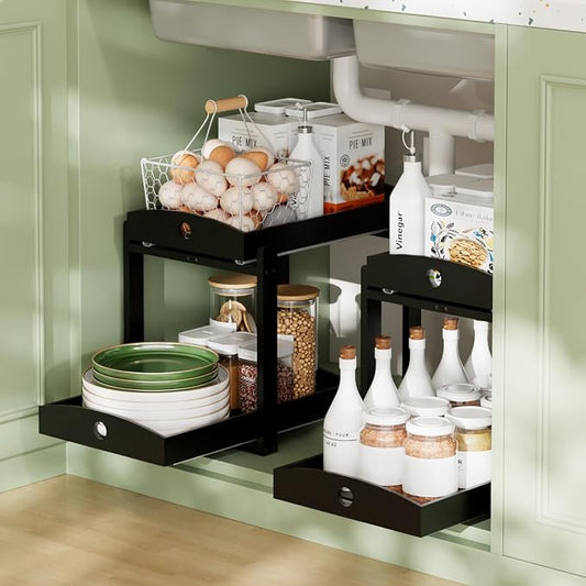2 Pack Bamboo Under Sink Organizer, 2-Tier Sliding Drawers for Cabinets | Pull-out drawers keep cleaners and tall bottles visible, organized and easy to reach in kitchen or bathroom cabinets by HEALTHYYOU