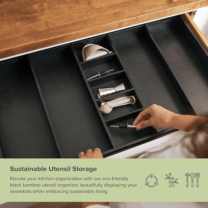 Utensil & Junk Drawer Organizer, 19-33 in, Black Bamboo | Food-safe contract grade, 100% sustainable wood, non-slip, adjustable - Image 5