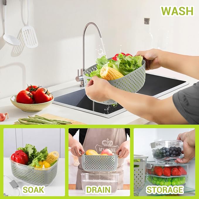 LUXEAR Fresh Produce Vegetable Fruit Storage Containers 3Piece Set, BPA-free Fridge Storage Container, Partitioned Salad Container, Fridge Organizers, Used in Storing Fruits Vegetables, Gray - Image 4