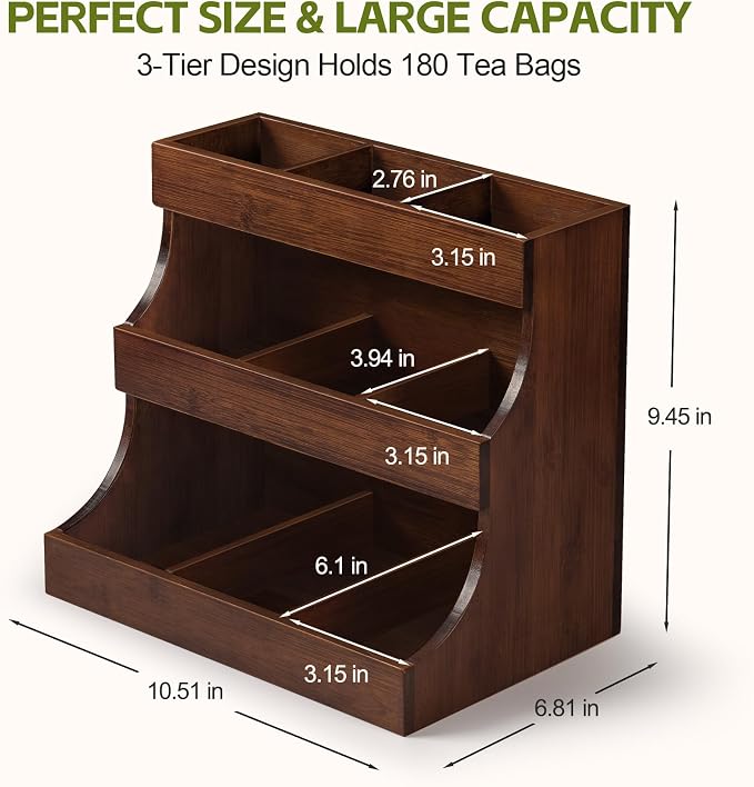 Bamboo Tea Bag Organizer, 3-Tier Tea Storage Box with 9 Compartments, Holds Up to 180 Bags, Tea Holder Organizer for Coffee Station, Kitchen Countertop, Pantry and Cabinet | No Installation Required | Natural Bamboo | No Burrs | No Odor | Sturdy & Dura... - Image 3