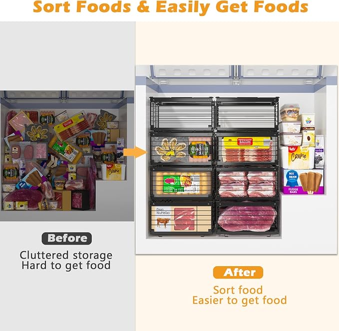 NADAMOO Expandable Chest Freezer Organizer, Stackable Wire Baskets | Adjustable 11-17.3 Inches, Heavy Duty 35 lbs Capacity, Foldable Handles, 360° Airflow, Fits 5-20 Cu Ft Models, 3 Pack - Image 3