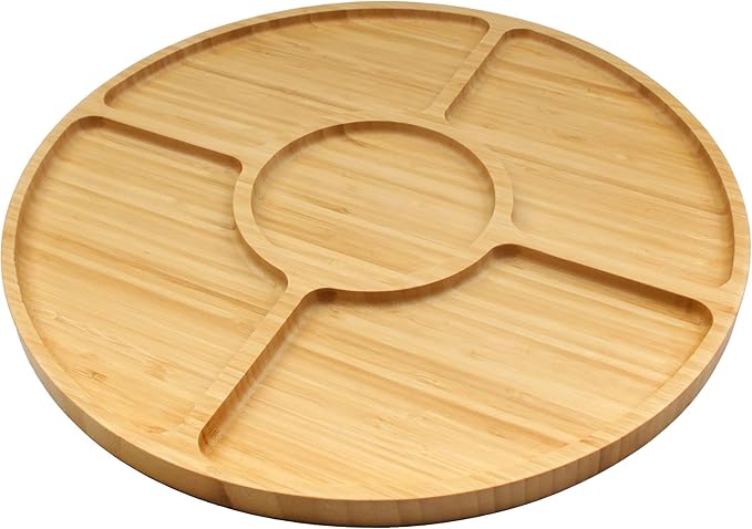 BambooMN Natural 15" Bamboo Round 5 Compartment Serving Tray/Platter, Charcuterie Board, Perfect for Snacks, Party Platter, Appetizers - 10 Trays by BambooMN