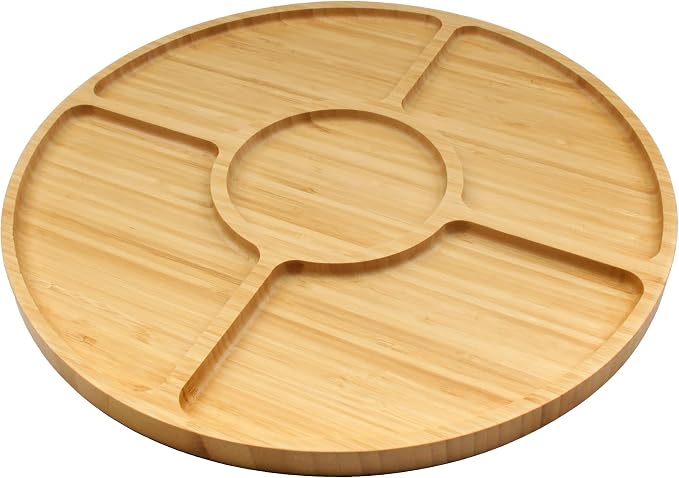 BambooMN Natural 15" Bamboo Round 5 Compartment Serving Tray/Platter, Charcuterie Board, Perfect for Snacks, Party Platter, Appetizers - 3 Trays by BambooMN